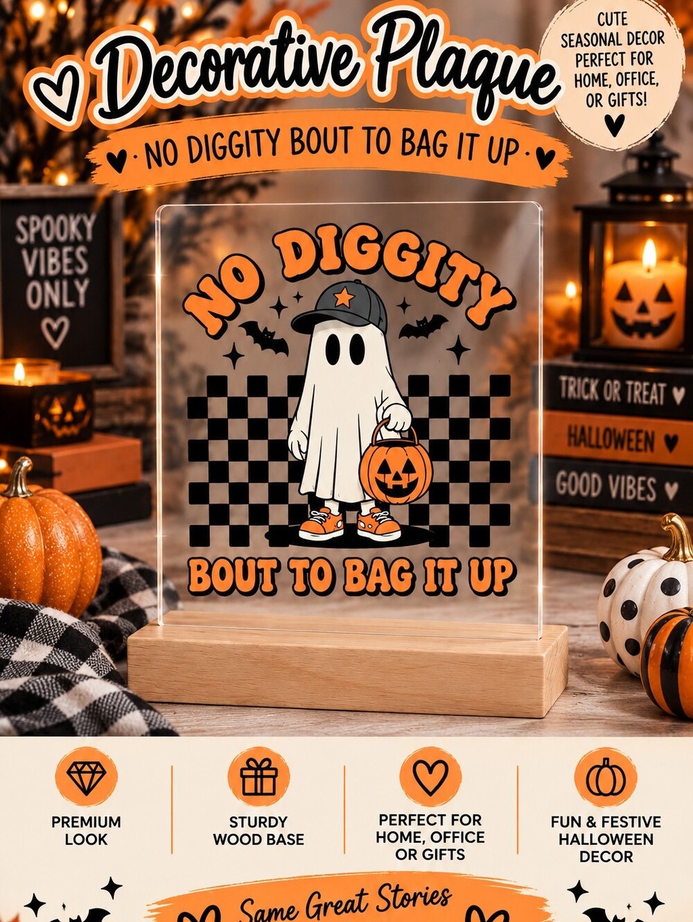 Halloween Ghost Plaque - No Diggity Bout To Bag It Up - Orange & Black!!